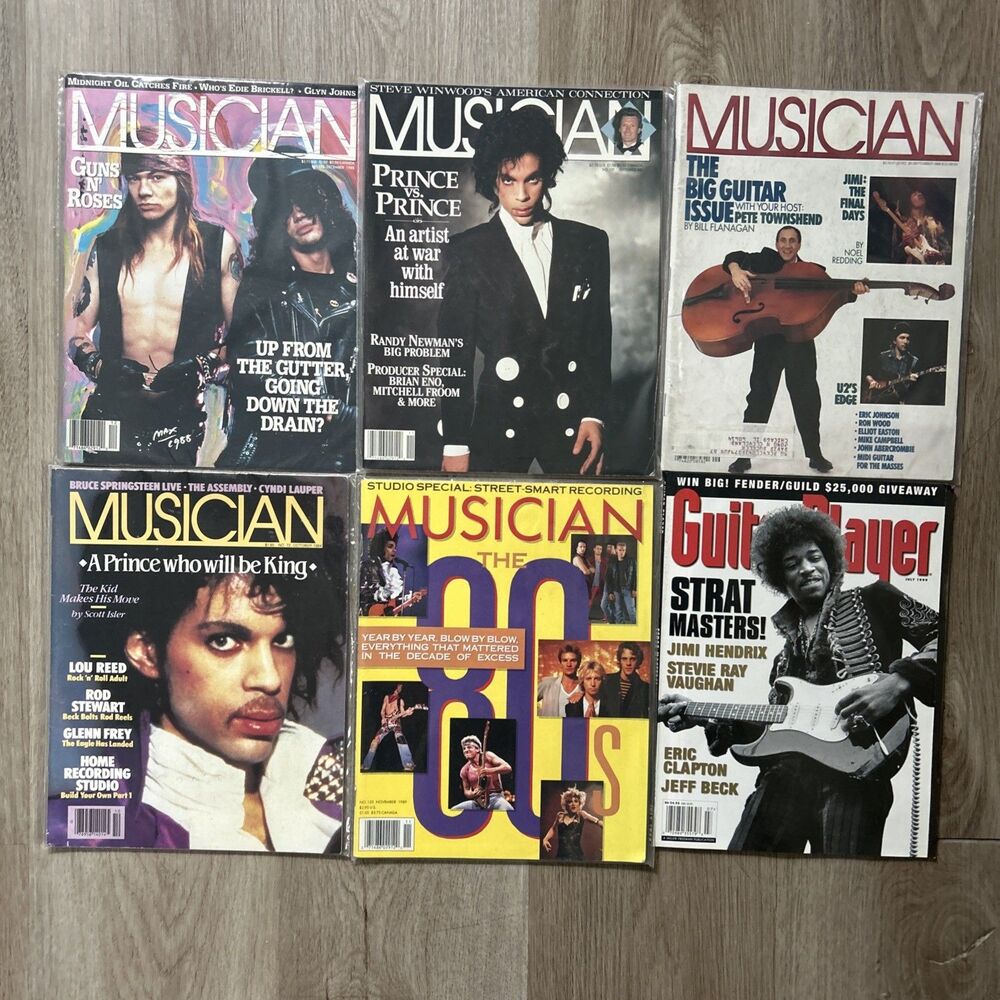Musician Guitar Player Magazine Lot of 6 Vintage 80s Prince Jimi Hendrix Guns